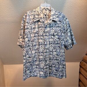 CAMPIA MODA Tropical Print Short Sleeve Cream/Blue button Down Shirt. Size XL